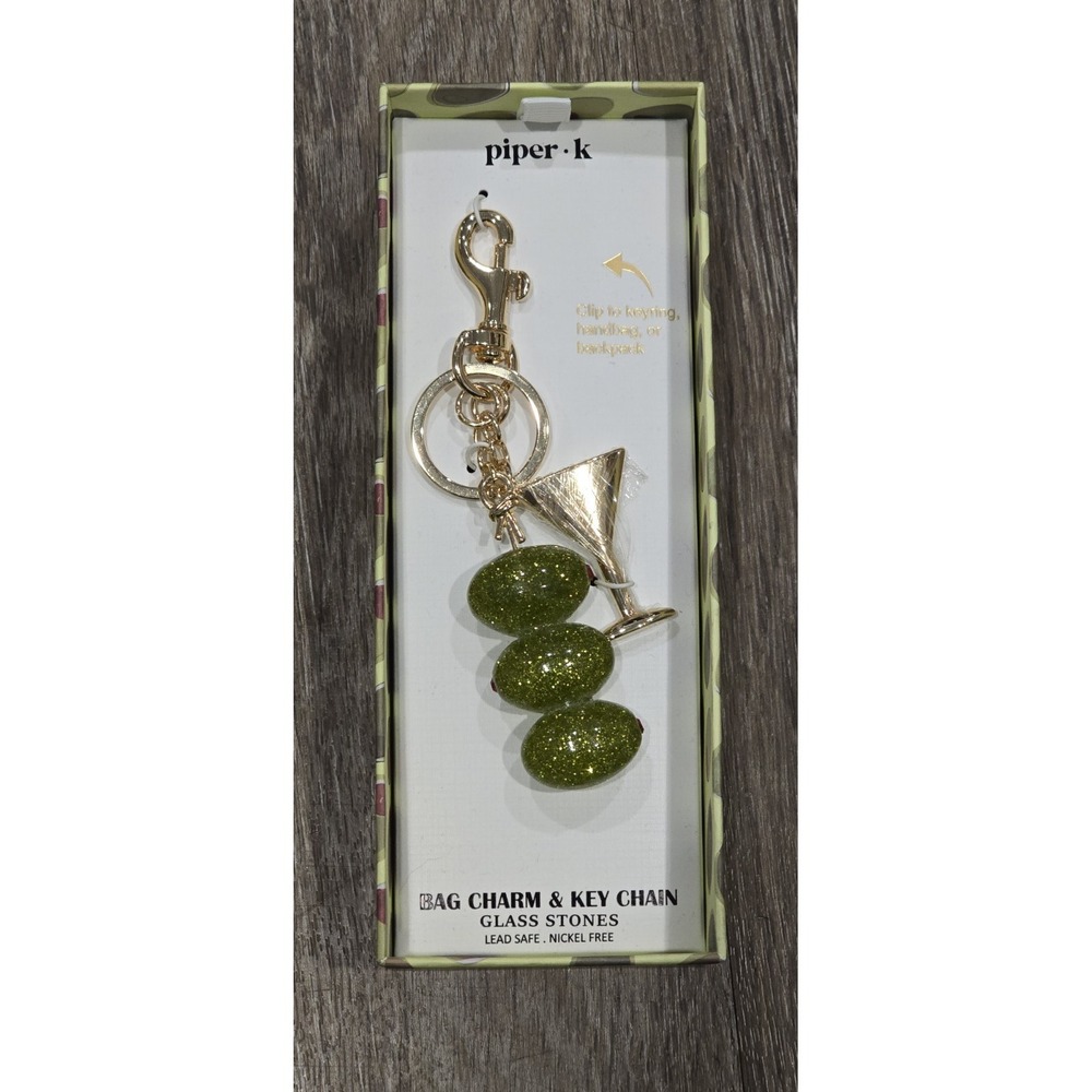 Piper K Martini Olive Keychain Bag Charm Gold Tone Keyring Purse Accessory